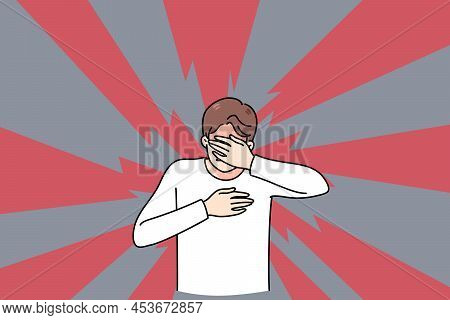 Unhappy Young Man Cover Eyes Suffer From Panic Attack Or Anxiety Need Psychological Help. Stressed G