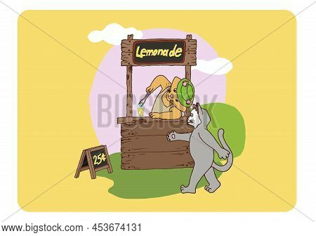 Illustration Of A Stand With Lemonade And Cats. Lemonade Stand, Lemon, Ice, Buyer, Summer Time, Read