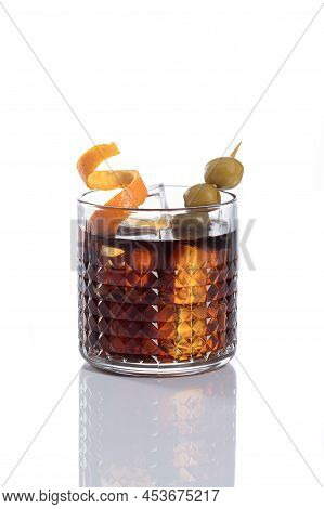 Vermouth Cocktail With Ice Isolated On White Background With Copy Space. Vertical Format.