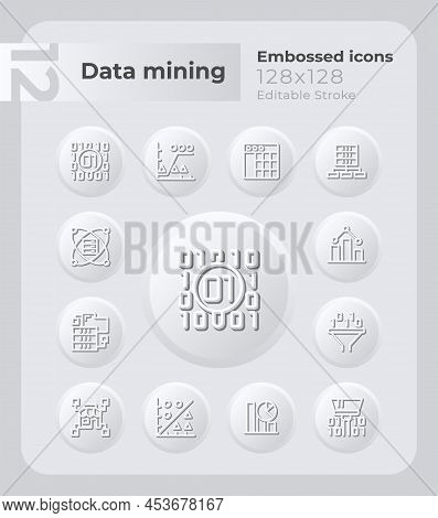Data Mining Embossed Icons Set. Analytics. Discover Trends. Neumorphism Effect. Isolated Vector Illu