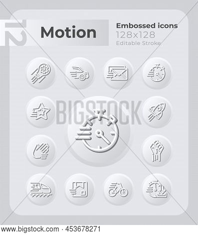 Movement And Speed Embossed Icons Set. Mechanical Power. Neumorphism Effect. Isolated Vector Illustr