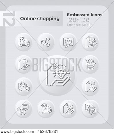 Online Shopping Embossed Icons Set. Fast Delivery. Payment. Neumorphism Effect. Isolated Vector Illu