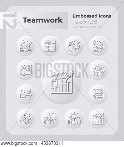 Teamwork In Workplace Embossed Icons Set. Team Collaboration. Neumorphism Effect. Isolated Vector Il