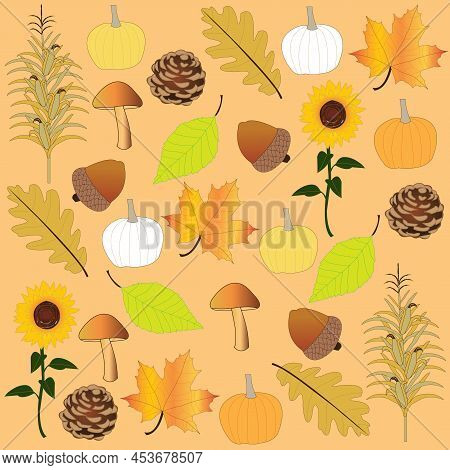 Festive Autumn Vector Collection, Cornstalk, Pumpkins, Mushroom, Pinecone, Maple, Oak, Apple Tree Le