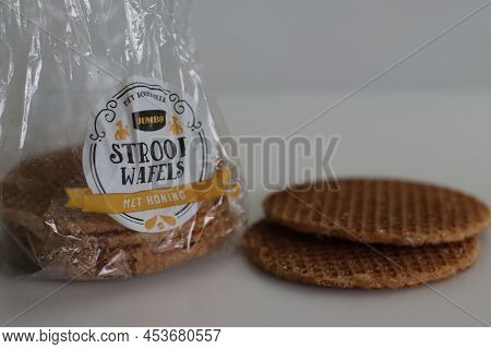 Stoop Wafles Met Roomboter Of The Brand Jump. A Popular Dutch Jumbo Syrup Waffels With Honey