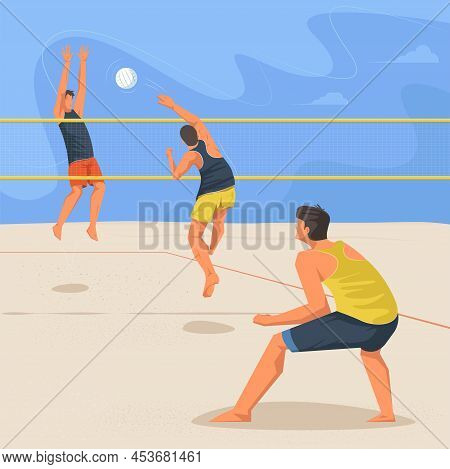 Beach Volleyball Men Competition. Athletes Playing Volleyball. Sportsperson Hits A Ball In While Jum