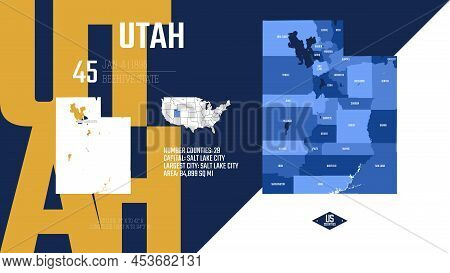 45 Of 50 States Of The United States, Divided Into Counties With Territory Nicknames, Detailed Vecto