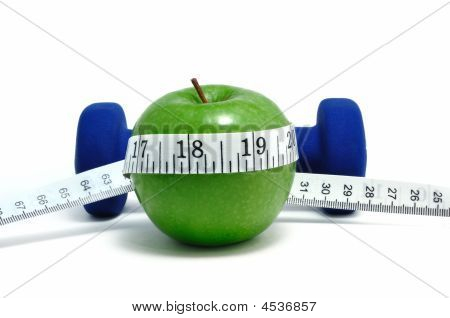 Blue Weights, Green Apple, And Tape Measure