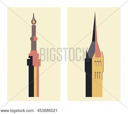Old house building in gothic style. Tower, castle, church with spire. Vector illustration.