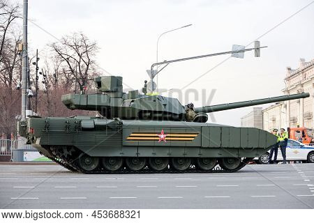 Moscow, Russia - April 2022: T-14 Armata, Russian Main Battle Tank On City Street During A Rehearsal