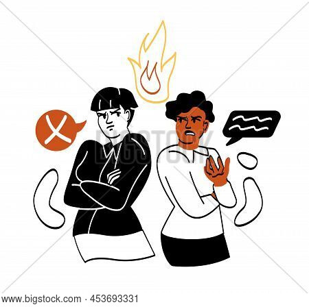 Angry People Set. Men Stand With Their Backs To Each Other And Communicate, Character Angry With Ref