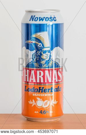 Pruszcz Gdanski, Poland - April 27, 2022: Harnas Beer With Peach Tea.