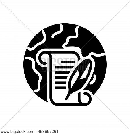 Black Solid Icon For Hist Scroll Poetry Feather History Education Paper Quill World