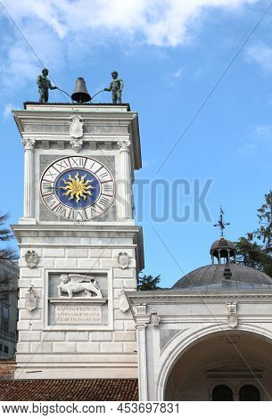 Ancient Clock Tower In The Square Of Udine A City In Northern Italy In The Friuli Venezia Giulia Reg