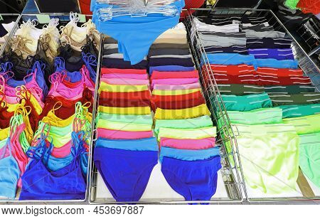 Colorful Many Underpants And Tank Tops And Underwear With Bright Colors For Sale In The Market Stall