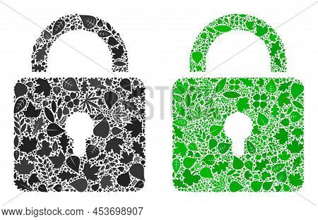 Nature Lock Icon Collage Of Herbal Leaves In Green And Natural Color Shades. Ecological Environment 