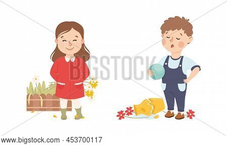 Little Boy And Girl With Bad And Naughty Behavior Near Broken Vase And Deflowered Garden Bed Vector 
