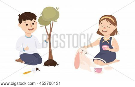 Obedient Girl And Boy With Good Breeding Planting Tree Sapling And Playing Toy Tea Vector Set