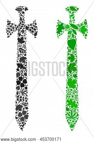 Nature Medieval Sword Icon Mosaic Of Herbal Leaves In Green And Natural Color Shades. Ecological Env