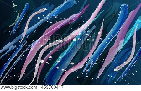Colorful Seaweeds Meander Against The Dark Background Of The Sea. Abstract Watercolor Sea Background