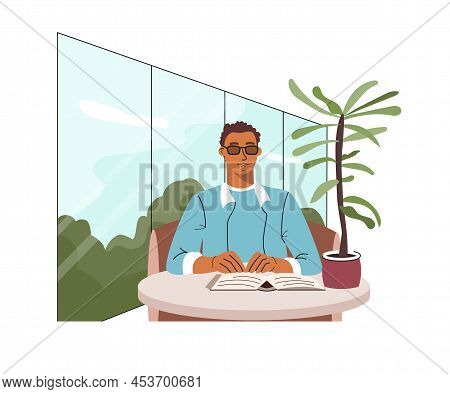 Blind African American Man Reading Braille Book With Hands At Home. Young Visually Impaired Person I