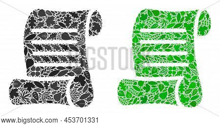 Eco Script Roll Icon Collage Of Herbal Leaves In Green And Natural Color Tints. Ecological Environme