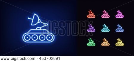 Outline Neon Mars Rover Icon. Glowing Neon Space Rover With Satellite Dish, Robot Explorer Pictogram