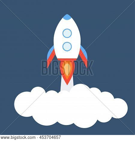 Rocket Takeoff With Clouds Onbackground Of Night Sky. Space Travel Of Ship. Concept Of Start, Produc