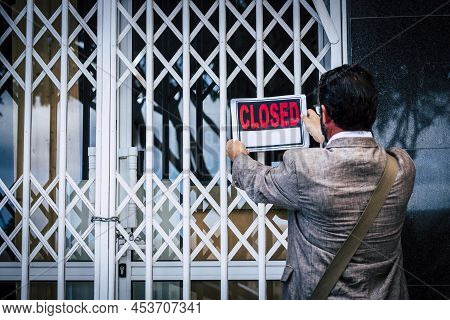 Businesswoman Closing Her Business Activity Due Economy Crisis Putting Closed Sign On The Door Of Hi