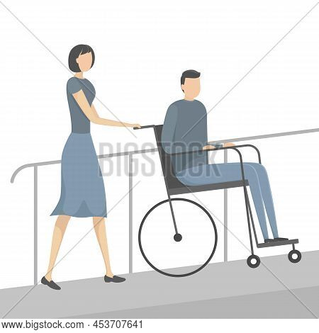 Helpmate Pushing Wheelchair With Person With Disability On Ramp. Vector Illustration.