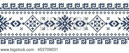 Zmijanski Vez Long Belt Vector Seamless Pattern With Navy Blue, Inspired By Cross-stitch Folk Art Fr