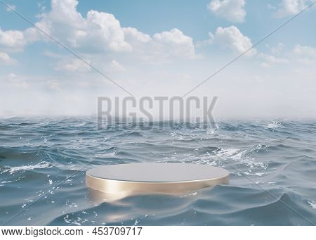 Golden Podium Standing In Sea Water, With Blue Sky On The Background. Beautiful Mock Up For Product,
