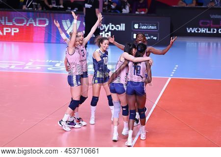Ankara, Turkey - December 18, 2021: Imoco Players Celebrating Score Point During Itambe Minas Vs Imo
