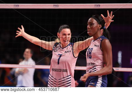 Ankara, Turkey - December 18, 2021: Imoco Players Celebrating Score Point During Itambe Minas Vs Imo