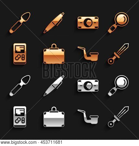 Set Suitcase, Magnifying Glass, Medieval Sword, Smoking Pipe, Portable Video Game Console, Stacks Pa