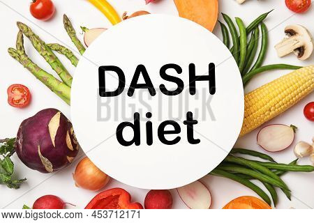 Balanced Food For Dash Diet To Stop Hypertension. Assortment Of Fresh Vegetable On White Table, Flat