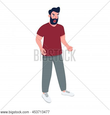 Bearded Man Screaming In Anger Semi Flat Color Vector Character. Aggression. Posing Figure. Full Bod