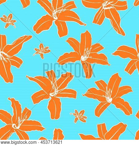 Daylily Seamless Pattern. Hand Drawn Orange Flowers On Light Blue Background. Vector Illustration.