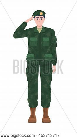 Soldier In Military Clothes Saluting Semi Flat Color Vector Character. Posing Figure. Full Body Pers