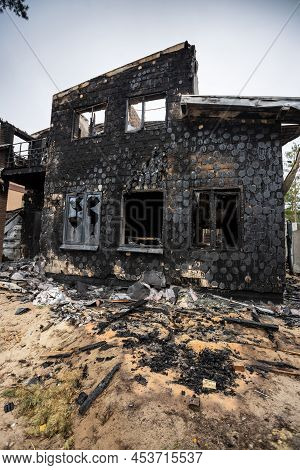 Hostomel, Kyev Region Ukraine - 09.04.2022: Cities Of Ukraine After The Russian Occupation. Houses T