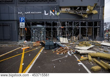 Hostomel, Kyev Region Ukraine - 09.04.2022: Cities Of Ukraine After The Russian Occupation. Destroye