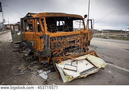 Hostomel, Kyev Region Ukraine - 09.04.2022: Cities Of Ukraine After The Russian Occupation. Military