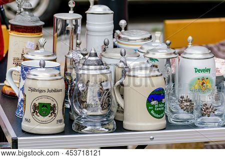 Hodonin, Czech Republic - April 23. 2022: Ceramic, Painted Beer Jars Beer Mugs. Illustration Photo, 