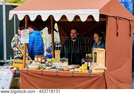 Hodonin, Czech Republic - April 23, 2022: Detail Of A Stall With Mustard At A Farmers Market With A