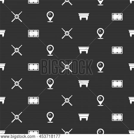 Set Billiard Table, , Crossed Billiard Cues And Ball And Location With On Seamless Pattern. Vector
