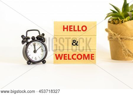 Hello And Welcome Symbol. Concept Words Hello And Welcome On Wooden Blocks. Beautiful White Backgrou