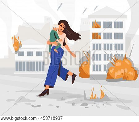 People Are Fleeing The Bombings. Mom And Child. Banner, Poster. Military Operations In Ukraine. The 