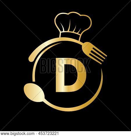 Restaurant Logo On Letter D With Chef Hat, Spoon And Fork Symbol For Kitchen Sign, Cafe Icon, Restau