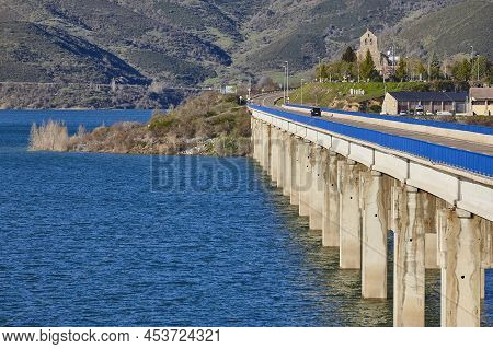 Riano Water Reservoir, Bridge And Church In Castilla Leon. Spain