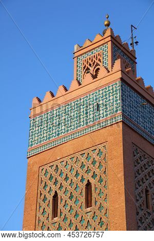 Minaret Tower In Marrakech City, Morocco. Moulay El Yazid Mosque.
